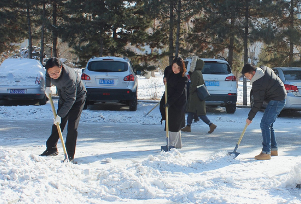 鸿德学院周玉树院长带领师生铲除道路积雪